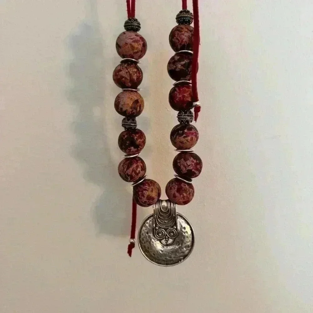 CERAMIC beaded greek statement necklace w/ silver disk pendant - Picture 3 of 7